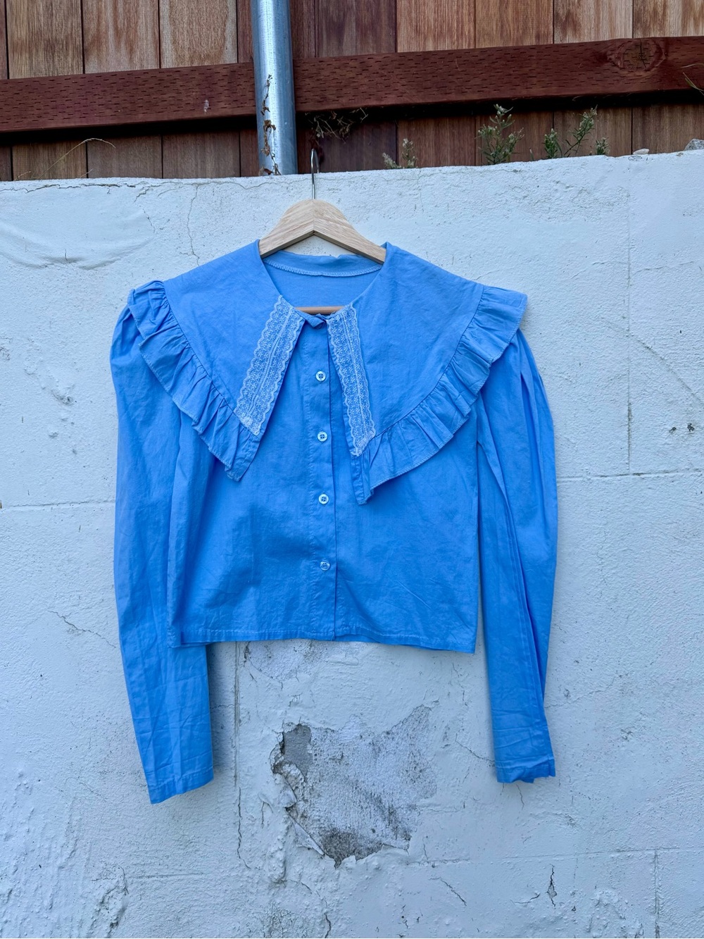 Blue Ruffled Lace-Trim Button Front Top